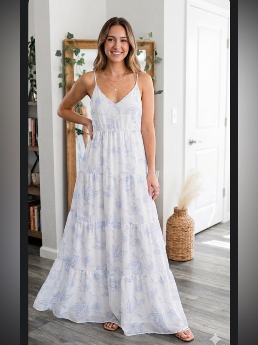 Express White Maxi Dress with Pale Blue Leaf Print